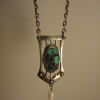 German Jugendstil silver & turquoise pendant and chain - Fine Jewelry