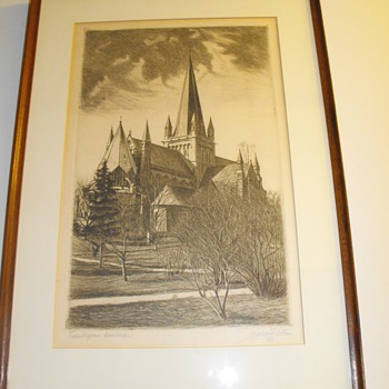 Etching from Halvard Storm.  1928.  England church. - Posters and Prints