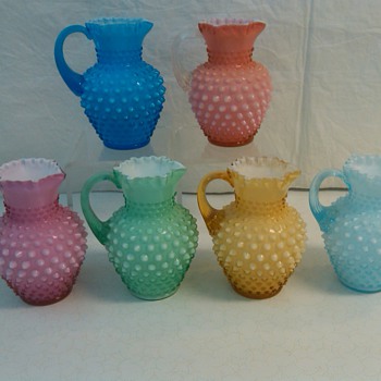 COMPLETE SET OF FENTON OVERLAY HOBNAIL SYRUP JUGS - Glassware