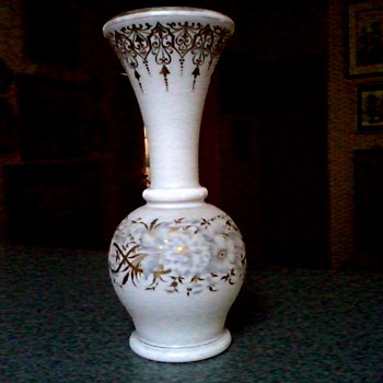 Large 13" Opaline Glass Vase / Silver Floral Design with Gilt Accents / Unknown Maker and Age - Art Glass