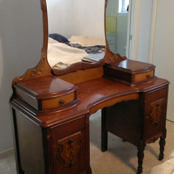 Antique Vanity Table & Mirror w/Matching Stool - Furniture
