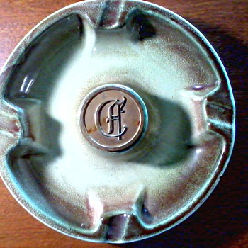 Roseville "Hyde Park" Metal Monogram Ashtray /Pale Green and Brown Drip Glaze / Circa 1950 - Art Pottery