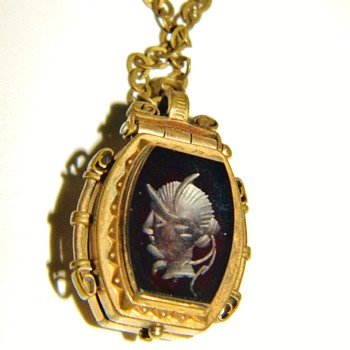 Antique Victorian Hardstone Inaglio & Tigers Eye Double Locket Fob Necklace - Fine Jewelry