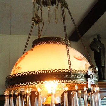 Oil lamps changed to electric, from Grandmother, Library and table, maybe milk glass painting or ? - Lamps