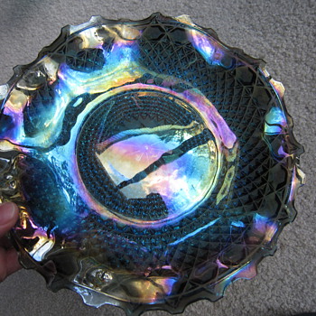 Hostess Carnival Glass Plate and Blue Opalescent Cornucopia Vase 
