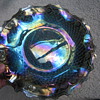 Hostess Carnival Glass Plate and Blue Opalescent Cornucopia Vase 