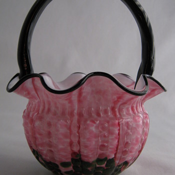 Czech Deco Art Glass Basket Pink with Green Aventurine Mold Blown - Art Glass