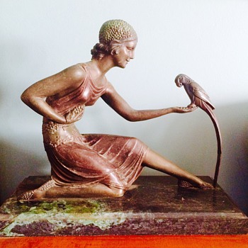 Art Nouveau Bronze Lady Feeding Bird Statue Marble Base - Art Deco