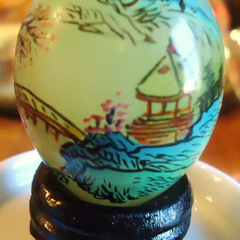 Itsy Bitsy Teenie Weenie, Japanese Jade? Egg, hand painted on wood base!!  CUTE!!