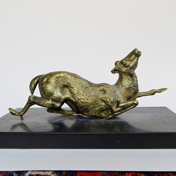 Cast Metal Sculpture of a Deer~Mounted on Black Stone~Unsigned
