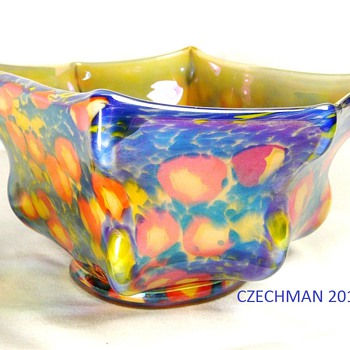 KRALIK ART DECO GLASS "KNUCKLE" BOWL CANE / MILLEFIORI DECOR IRIS FLASH FINISH - Art Glass