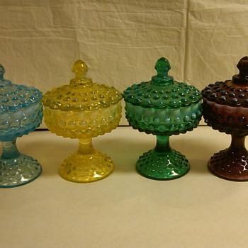 STUNNING SET OF FENTON OPALESCENT HOBNAIL COVERED COMPORTS/CANDIES
