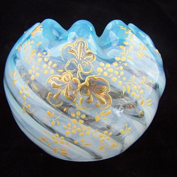 Stevens Williams? Striped Opalescent Rosebowl with Hand Painted Design - Art Glass