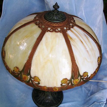 H.E. Rainaud Cold Painted Metal & Slag Glass Lamp