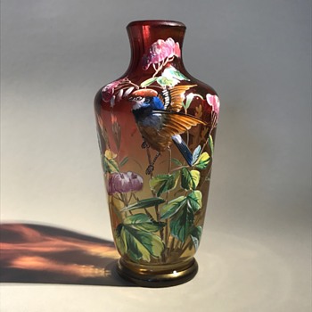 Harrach enameled bird vase - Art Glass