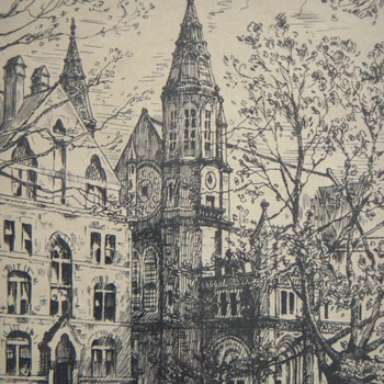 Etching~Yale's Battell Chapel, 1914~Signed HML