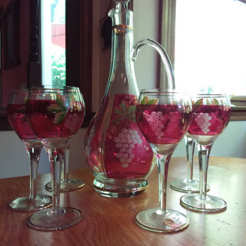 Cranberry Flash Etched and Handpainted Romanian Crystal Decanter & Wine Glasses - Art Glass