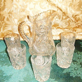 Czechoslovak lead crystal pitcher and 5 glasses - Glassware