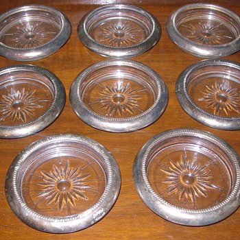 1920's Sterling Silver & Glass Coasters - Art Glass