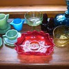 COLLECTION OF GLASS: AKRO AGATE, FENTON, HANDMADE GLASS AND MORE.