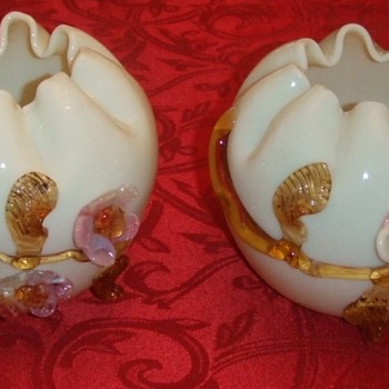Victorian Art Glass rose bowls with applied flowers - Art Glass