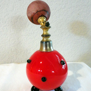 Ball Footed Red Tango Atomizer with applied black dots - Art Glass