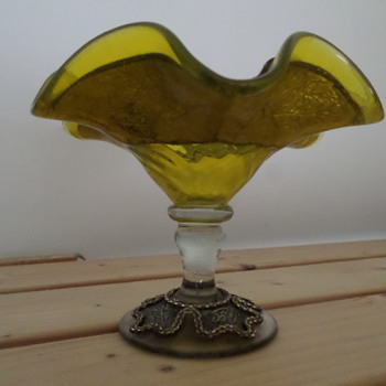 (unknown) Yellow glass bowl with silver overlay (Persian style) - Glassware