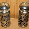 Metal encased Blue glass salt and pepper shakers