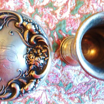 Sterling 1900 RW & S (with deer head) cut glass jar, and sterling cup
