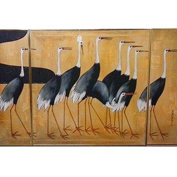Japanese 3 Panel Oil Painting Reproduction "Cranes" By Ogata Korin (1658-1716) / 4' x 6' Gold Aluminium Frame / Circa 1982 - Asian