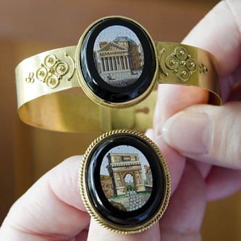 GOLD MICRO MOSAIC BRACELET/PIN SET ROMAN RUINS 14K 