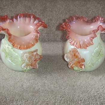 Pair of Kralik art glass vases with applied flowers and stem - Art Glass