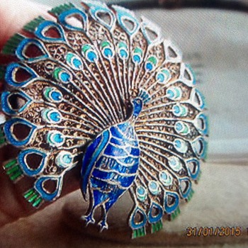 Art Deco silver filigree and enamel Peacock brooch - Art Deco