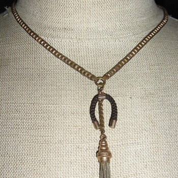 Victorian or Edwardian tassel necklace w/hair horseshoe charm