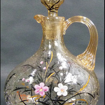 Fritz Heckert Enameled Crackle Glass Decanter - Art Glass