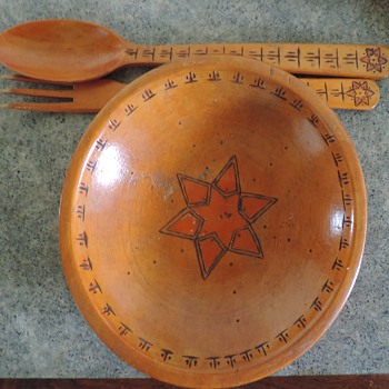 Munising wooden bowl fork and spoon carved star made in Japan