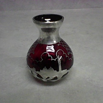 SILVER OVERLAY CRANBERRY GLASS BOTTLE