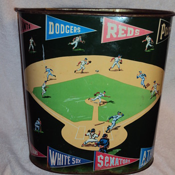1950's baseball metal waste barrel - Baseball