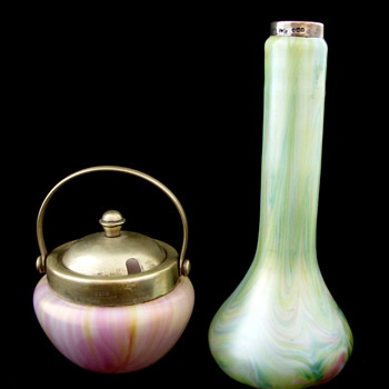 Rindskopf Marbled Vase and Mustard Pot Set - Art Nouveau