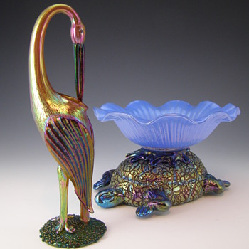 Loetz Animal Figures- Turtle & Stork - Art Glass
