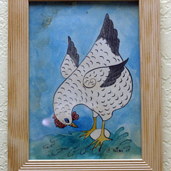 Original pen and ink Folk painting. Hen and Egg - Folk Art