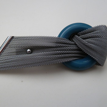 1920's Chrome and Blue Galalith and Silver Mesh Pin Brooch - Costume Jewelry