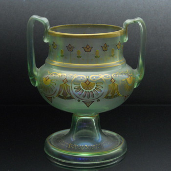 Fritz Heckert enameled uranium glass handled vase - Art Glass