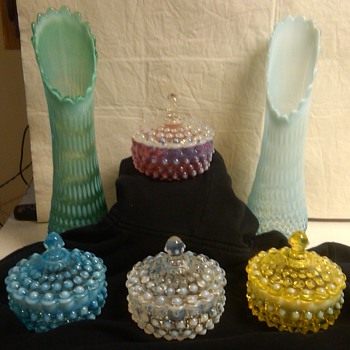stunning fenton hobnail candy dishes and lg. swung vases - Glassware