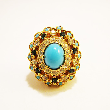 Vintage Panetta Turquoise Cabochon with Tier Rhinestones Ring