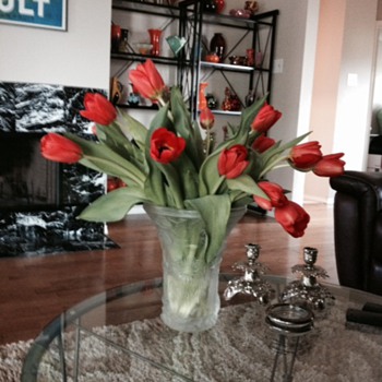Easter Tulips in a magnificent Czech Satin Aquarium Vase by Barolac - Art Glass