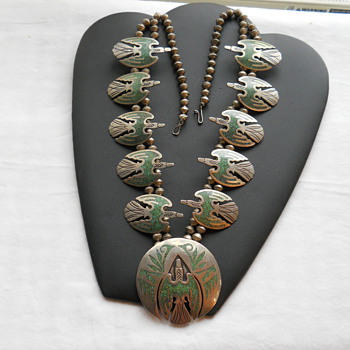 Native American Thunderbird Sterling & Turuoise Squash Blossom Necklace