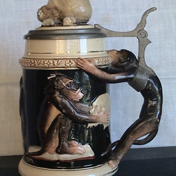 German "Darwin" Chimp Stein With Skull On Lid - Breweriana