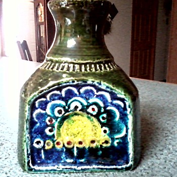 Studio Art Pottery Vase / Bottle / Sun and Flowers Abstract / Marked # 429
