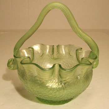 Loetz Green Martele Handled Basket - Art Glass